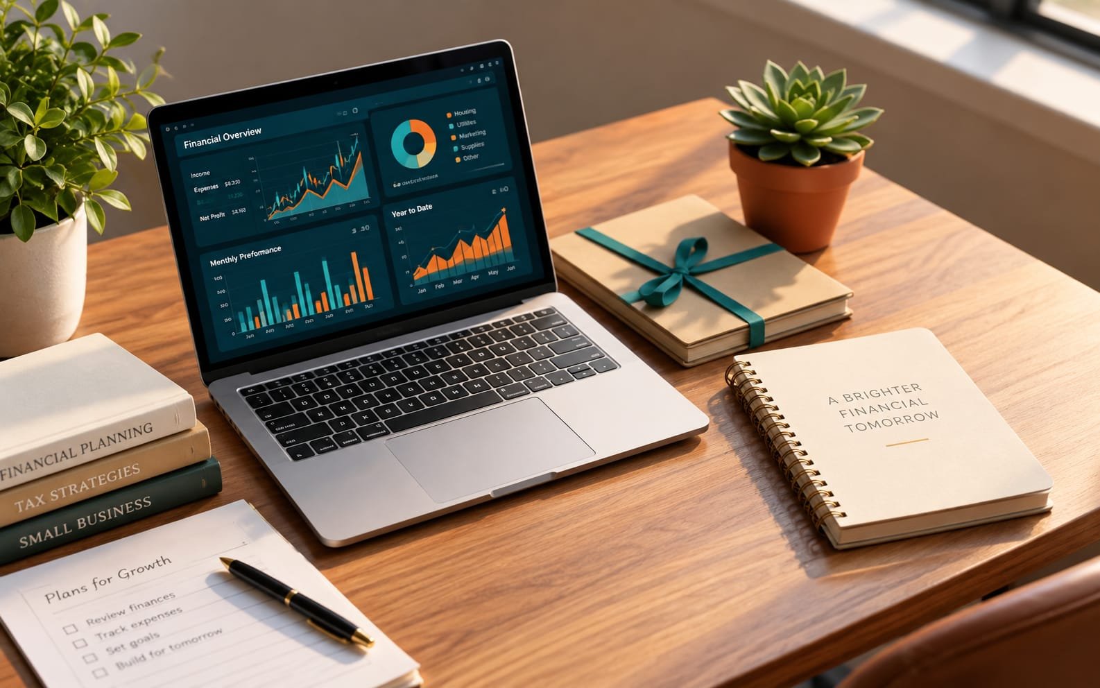 Warm professional workspace with laptop and financial dashboard